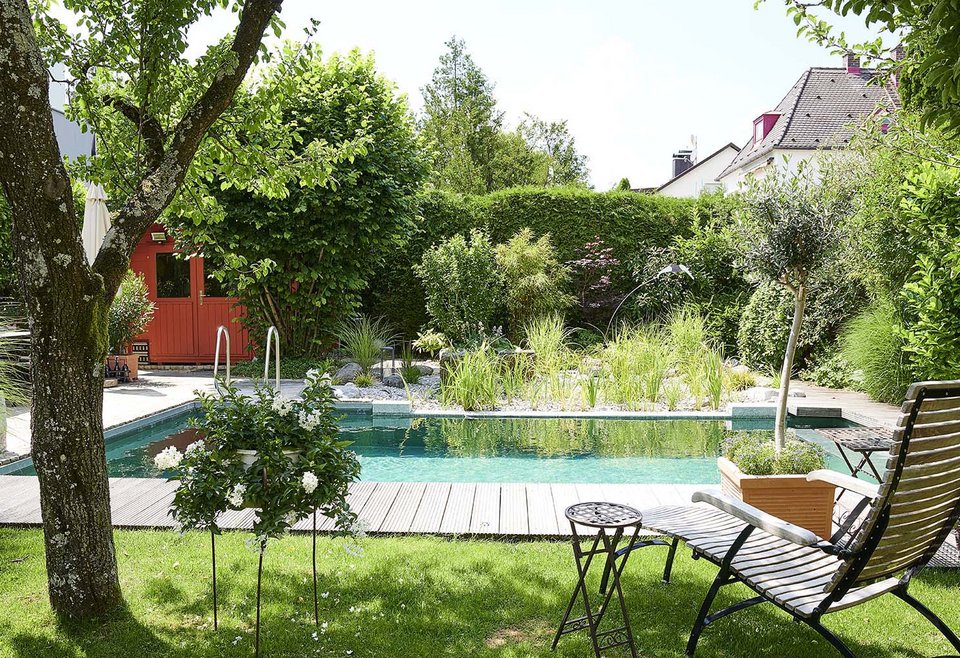 Ein idyllischer Garten mit Rasen, Bäumen und Sträuchern umgibt einen Naturpool.
