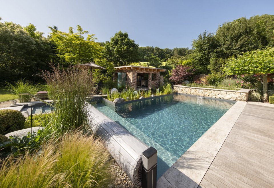 Moderner Garten mit Teichmeister Swimmingpool, umgeben von Natursteinmauern und üppiger Bepflanzung, mit sonnigem Himmel.