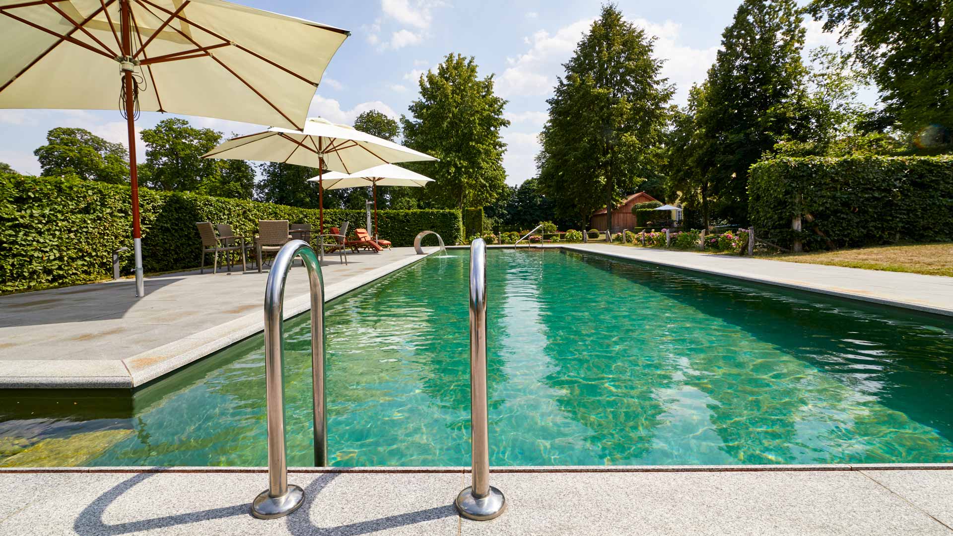 Naturpool: vorne eine Treppe und links Sonnenschrime und Sitzmöglichkeiten mit Sonnenliegen